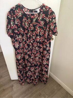 London Times Black Midi Dress with Pink & Cream Floral Print
